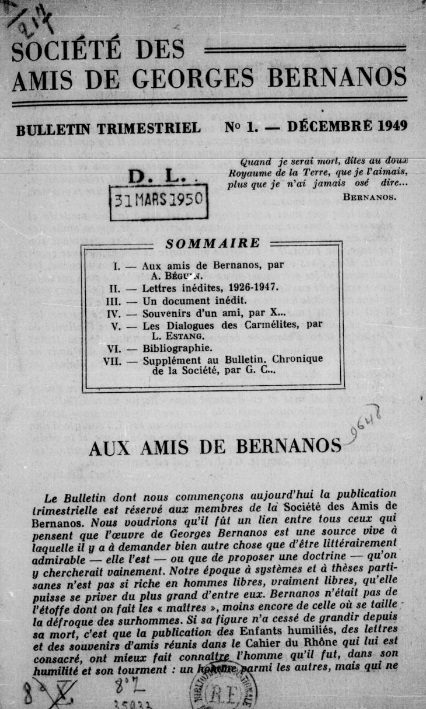 Bulletin de la société des amis de Georges Bernanos (1949-1951)
