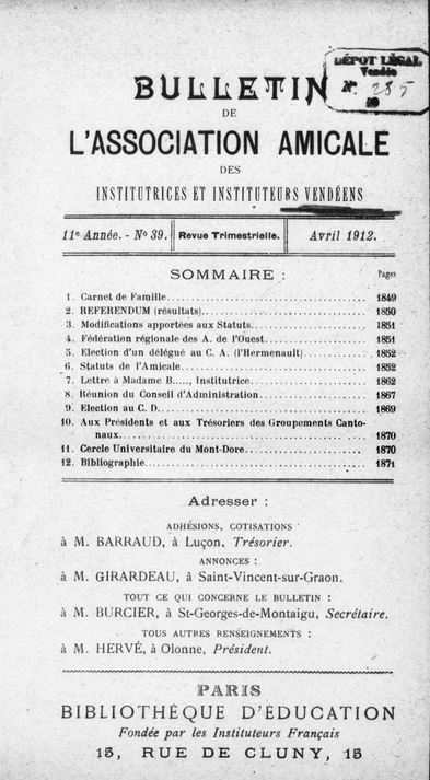 Bulletin de l'Association des institutrices et instituteurs vendéens (1902-1914)