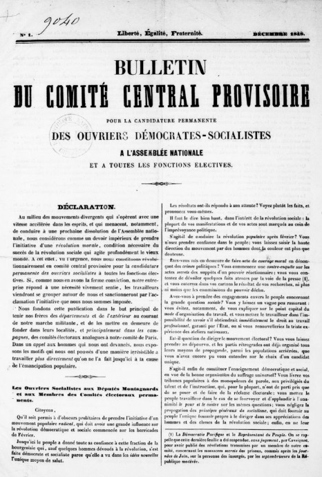 Bulletin du Comité central provisoire pour la candidature permanente des ouvriers démocrates-socialistes à l'Assemblée nationale et à toutes les fonctions électives (1848)