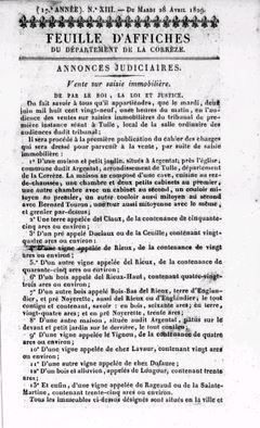 Feuille d'affiches, annonces et avis divers du département de la Corrèze (1812-1835)