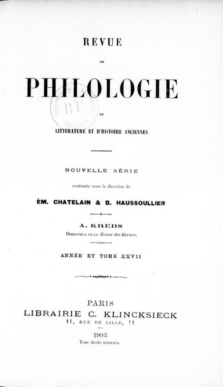 Revue de philologie, de littérature et d'histoire anciennes (1845-)