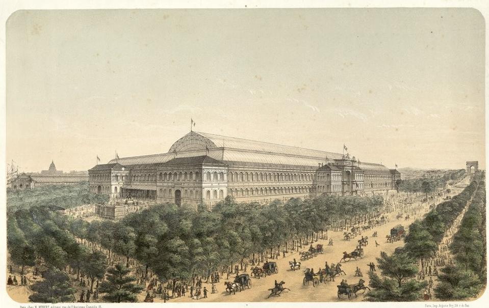 Vue générale du palais de l'Industrie prise de la place de la Concorde (exposition universelle de 1858) ; H. Hubert (Paris) - Source BnF.