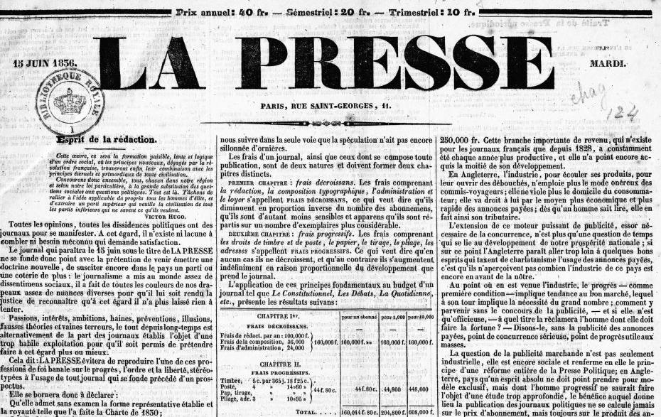 La Presse ; 15 juin 1836 