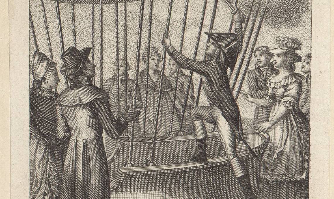 « Je tire mon épée et j'en donne deux coups dans l'aérostat », estampe, circa 1780 - source : Gallica-BnF
