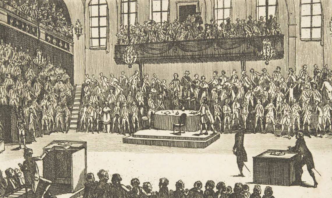 Gravure relatant l'épisode du 4 février 1790 à l'Assemblée nationale - source : Archives Nationales-WikiCommons