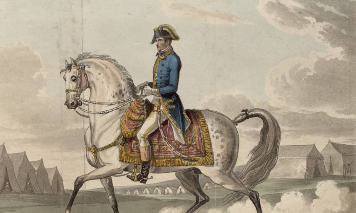 Bonaparte sur son cheval blanc, estampe de George Cruikshank, 1823 - source : Galica-BnF