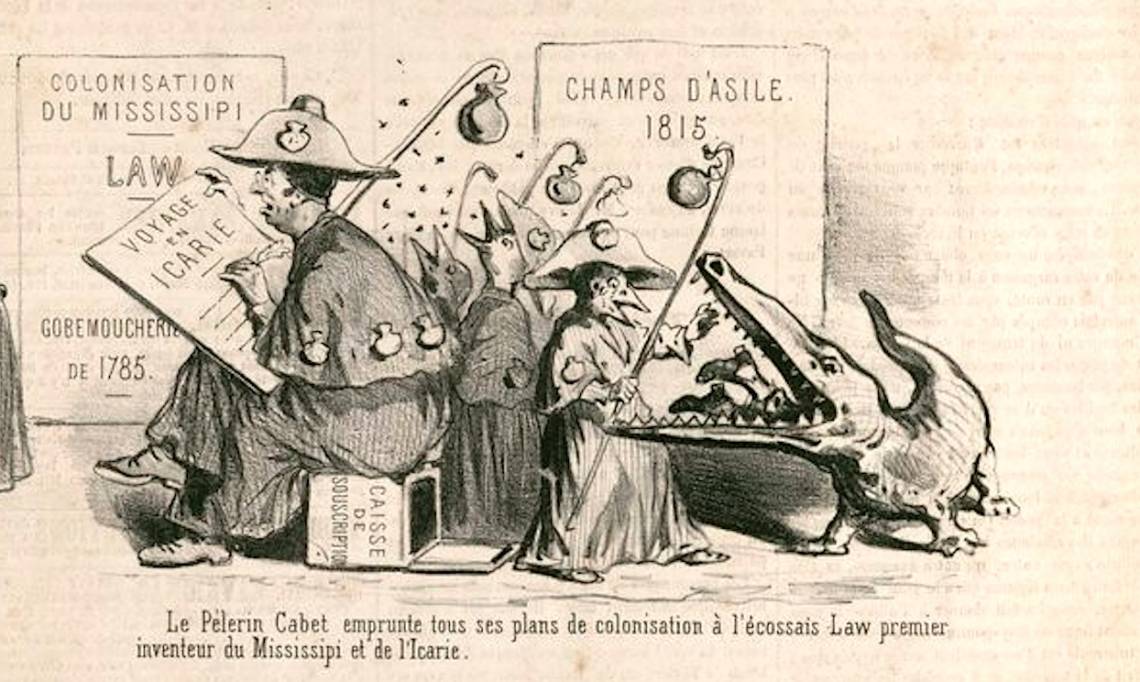 « Le pèlerin Cabet emprunte tous ses plans de colonisation à l'Écossais Law [...] », caricature de Cham, 1848 - source : Gallica-BnF
