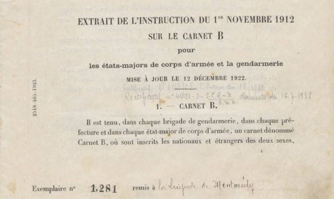 Extrait de l’instruction sur le carnet B pour les états-majors de corps d’armée et la gendarmerie, 1912 - source : Archives nationales de France