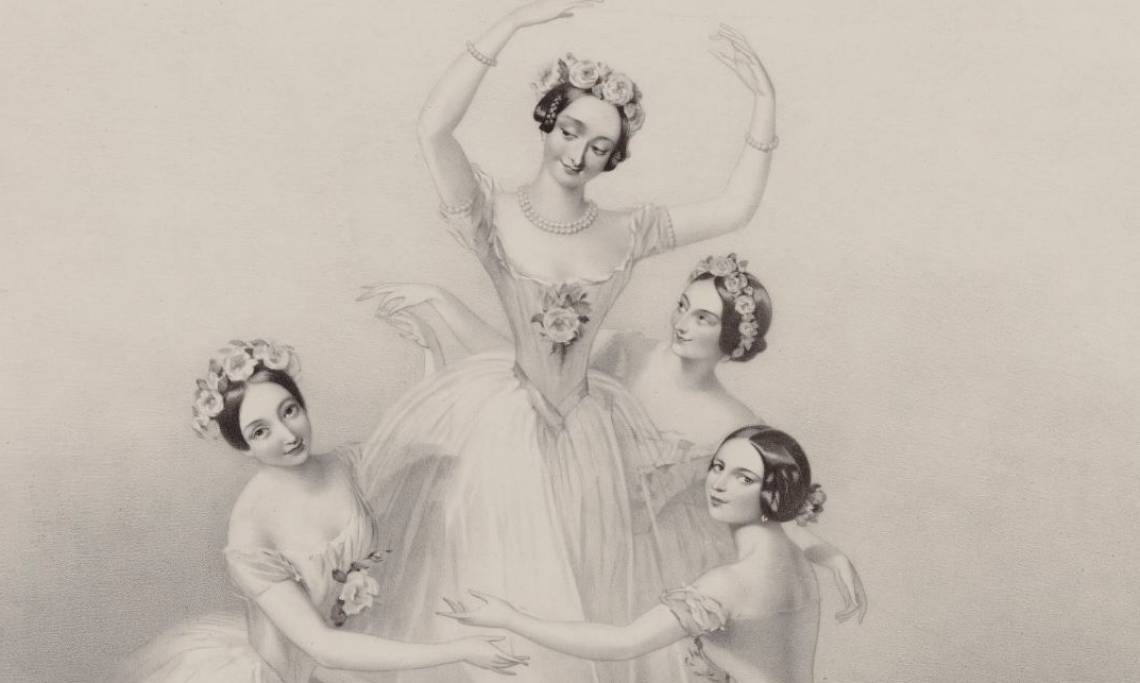 Danseuses exécutant un pas de quatre, lithographie d’Alfred E. Chalon, 1848 - source : BnF-Gallica