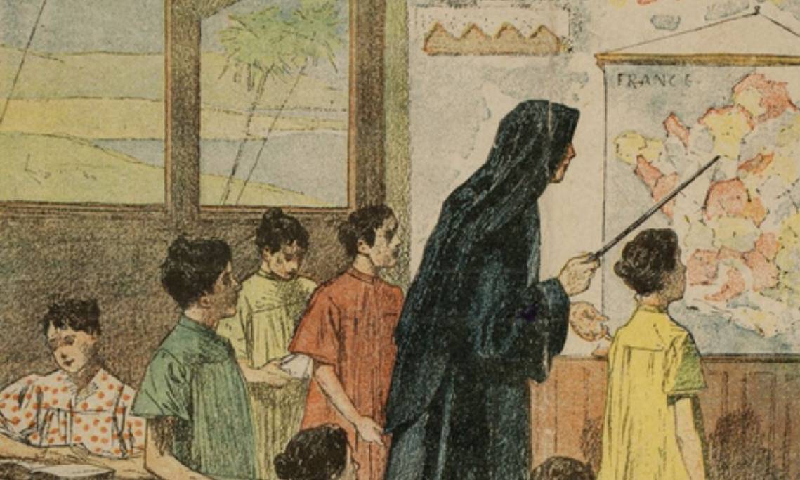 Religieuse enseignant à des enfants nord-africains, illustration de L. Mouligné, circa 1890 - source : Réseau Canopé-Creative Commons