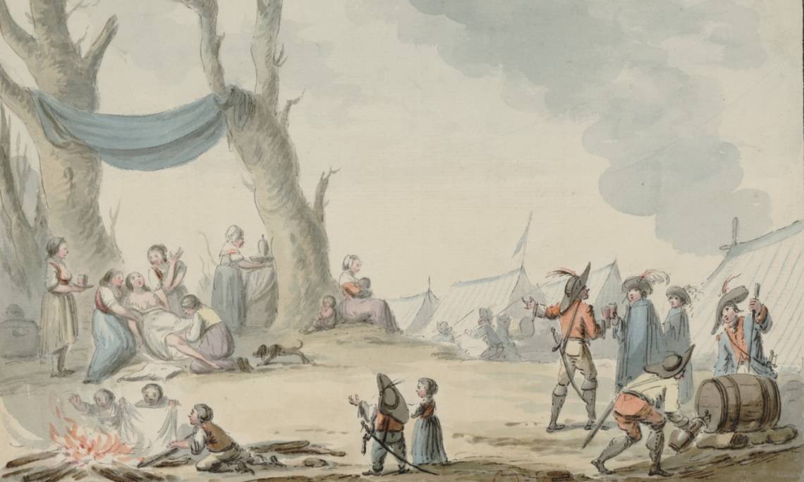 Femmes et enfants dans un campement républicain durant les guerres de la Révolution, dessin de Béricourt, 1793 - source : Gallica-BnF