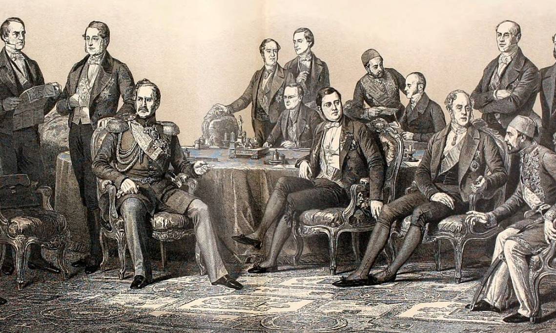 Les participants et signatures ottomans, français et britanniques du Traité de Paris, Auguste Blanchard, 1856 - source : WikiCommons