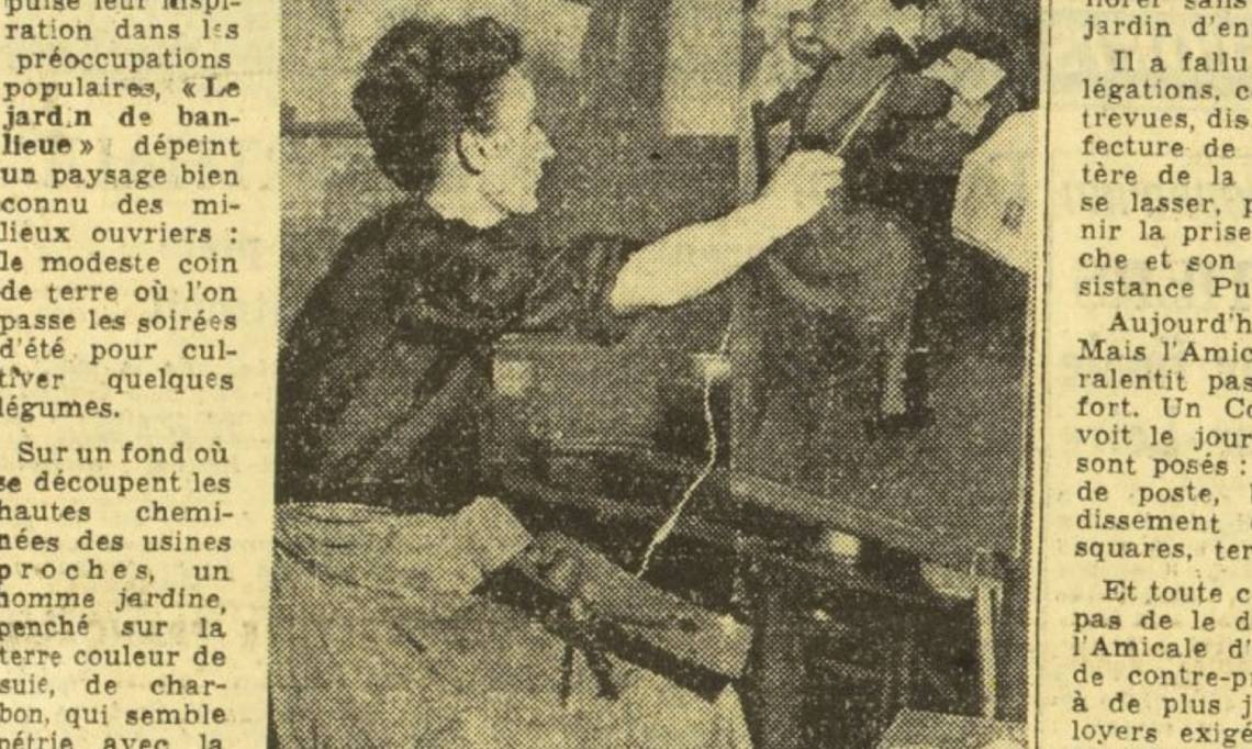 Marie-Anne Lansiaux travaillant sur l'une de ses toiles, L'Humanité, octobre 1949 - source : RetroNews-BnF