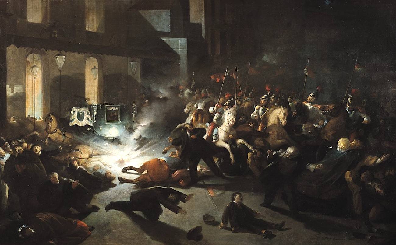 « L’attentat de Felice Orsini contre Napoléon III devant la façade de l’Opéra », tableau de H. Vittori, 1862 - source : Musée Carnavalet-WikiCommons