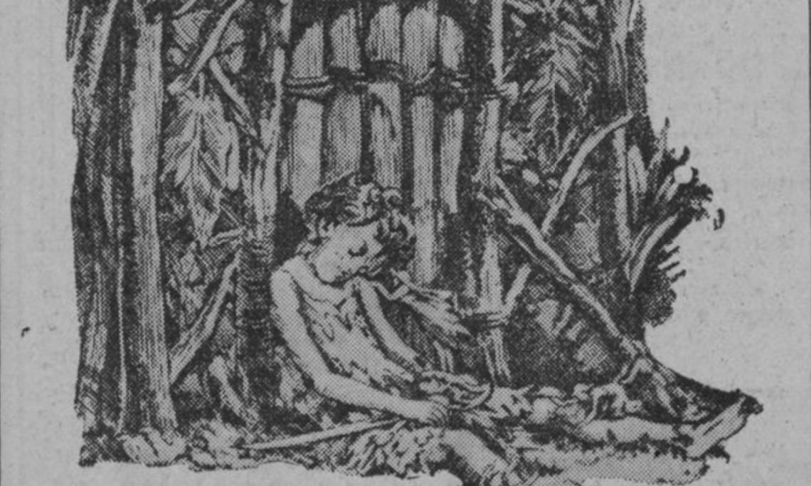 Peter Pan assoupi devant sa hutte en bois, illustration parue dans Paris-Soir, juin 1937 - source : RetroNews-BnF 