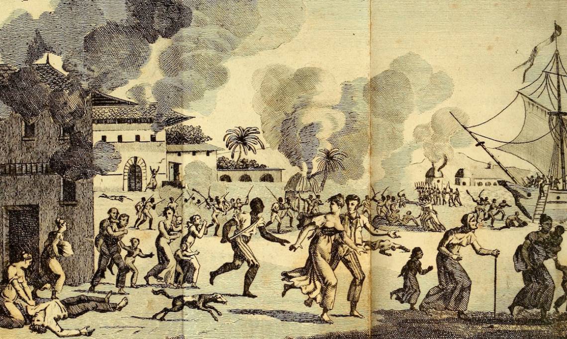 Illustration de « l'incendie du Cap » à Saint-Domingue en 1793, circa 1815 - source : WikiCommons