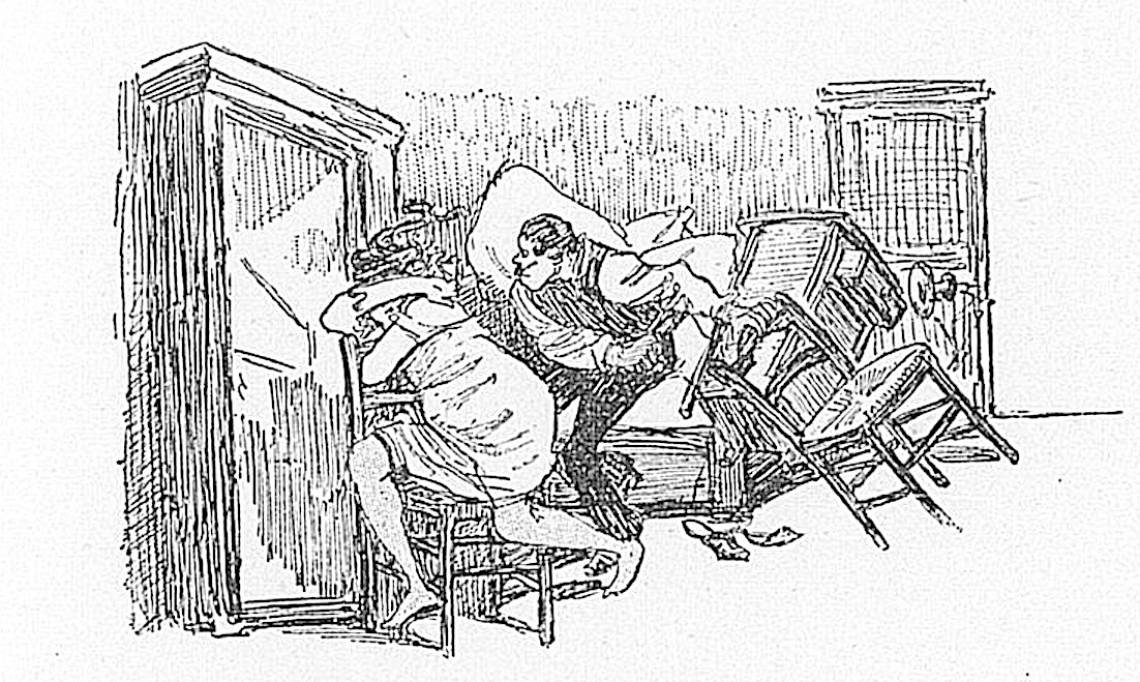 Illustration tirée du recueil « Dans la rue, chansons et monologues », p.26, scène de ménage violente, 1899 - source : Gallica-BnF