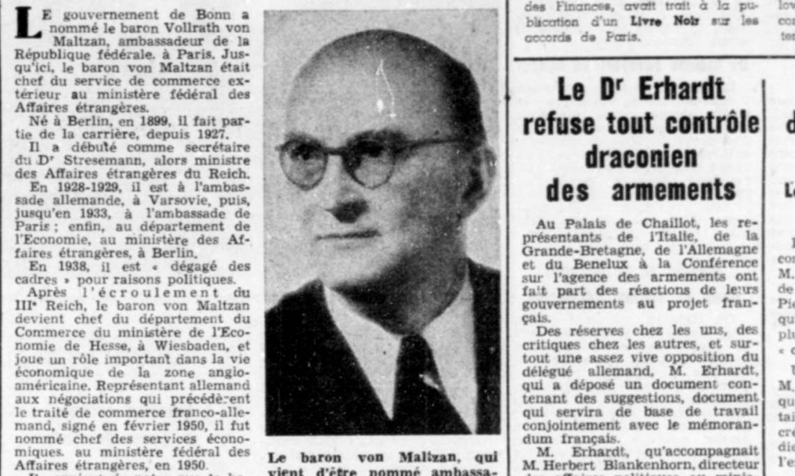 Photographie de Vollrath von Maltzn après-guerre, ambassadeur de la RFA à Paris, La Croix, 1955 - source : RetroNews-BnF