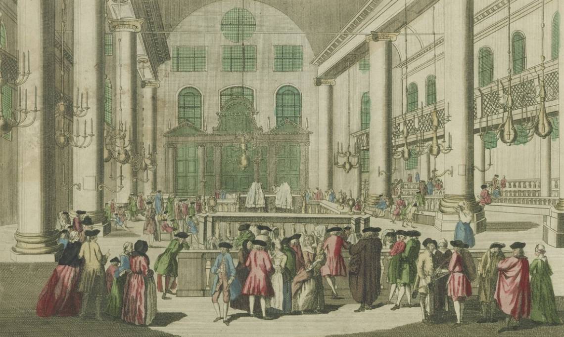 « Les Juifs dans leur Synagogue, célébrant une de leurs Solemnités appelée le Purim », estampe, 1750 - source : Gallica-BnF