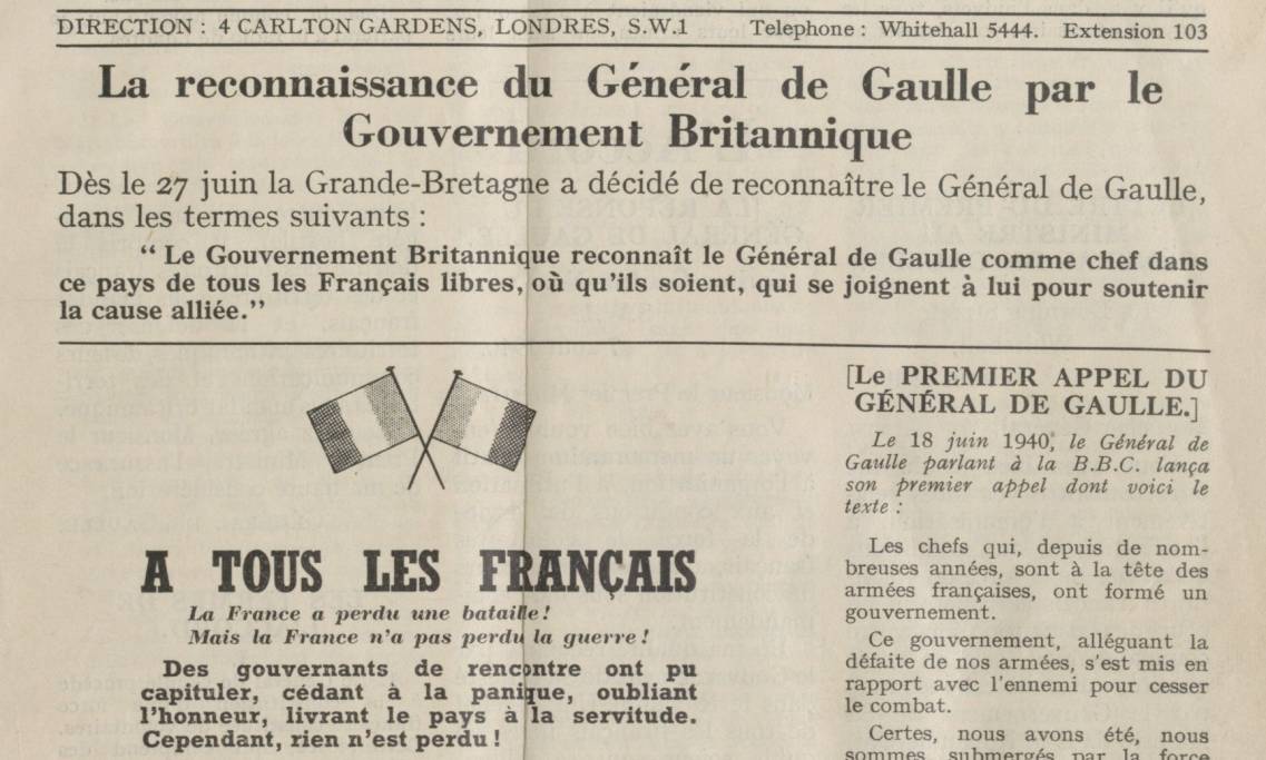 Une du Bulletin officiel des Forces françaises libres, 15 août 1940 - source : RetroNews-BnF