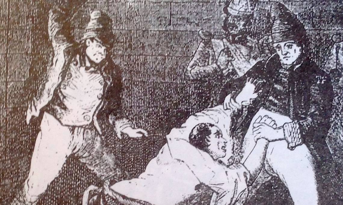 Châtiment de la bastonnade sur un condamné au bagne de Toulon, gravure de Pierre Zaccone, 1869 - source : WikiCommons