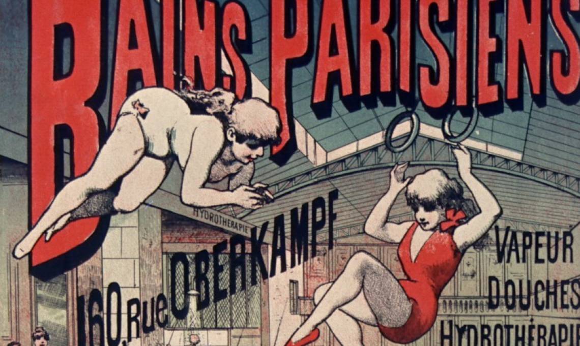 Affiche promotionnelle pour les Bains parisiens, situés au 160 rue Oberkampf ; « Vapeur, douches, hydrothérapie », 1889 - source : Gallica-BnF