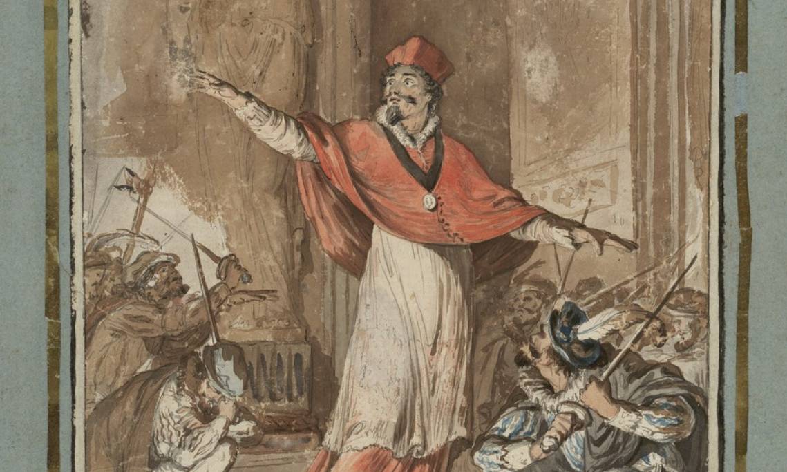 « St Prix, dans le rôle du cardinal de Lorraine, bénissant les assassins de la Saint-Barthélémi », dessin, Boizot fils, 1790 - source : Gallica-BnF