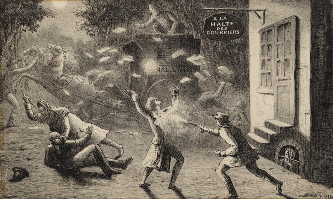 Illustration pour « Le courrier de Lyon : drame en cinq actes », estampe, L. Dien, 1850 - source : Gallica-BnF