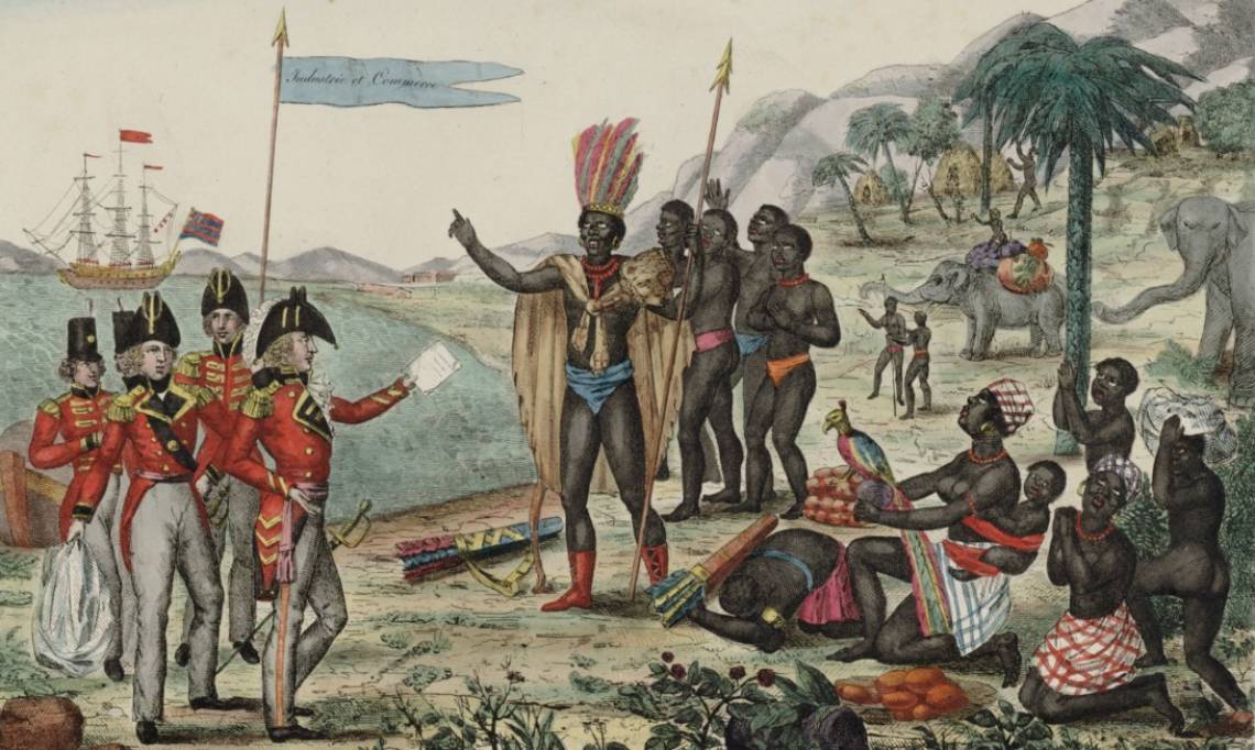 Les Anglais faisant part aux Africains du traité de paix des puissances alliées du 20 novembre 1815, estampe - source : Gallica-BnF