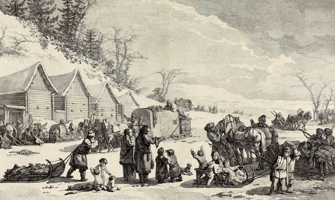 « Traineaux de Russie pour voyager pendant l'hiver et transporter les denrées », Jean-Baptiste Le Prince, 1764 - source : Gallica-BnF