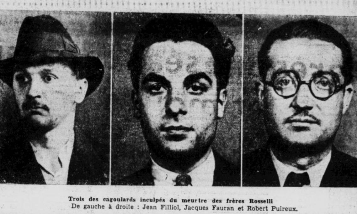 Les membres du groupe d'extrême droite La Cagoule responsables de l'assassinat des dissidents antifascistes italiens, les frères Rosselli, dans Le Petit Troyen, 1938 - source : RetroNews-BnF