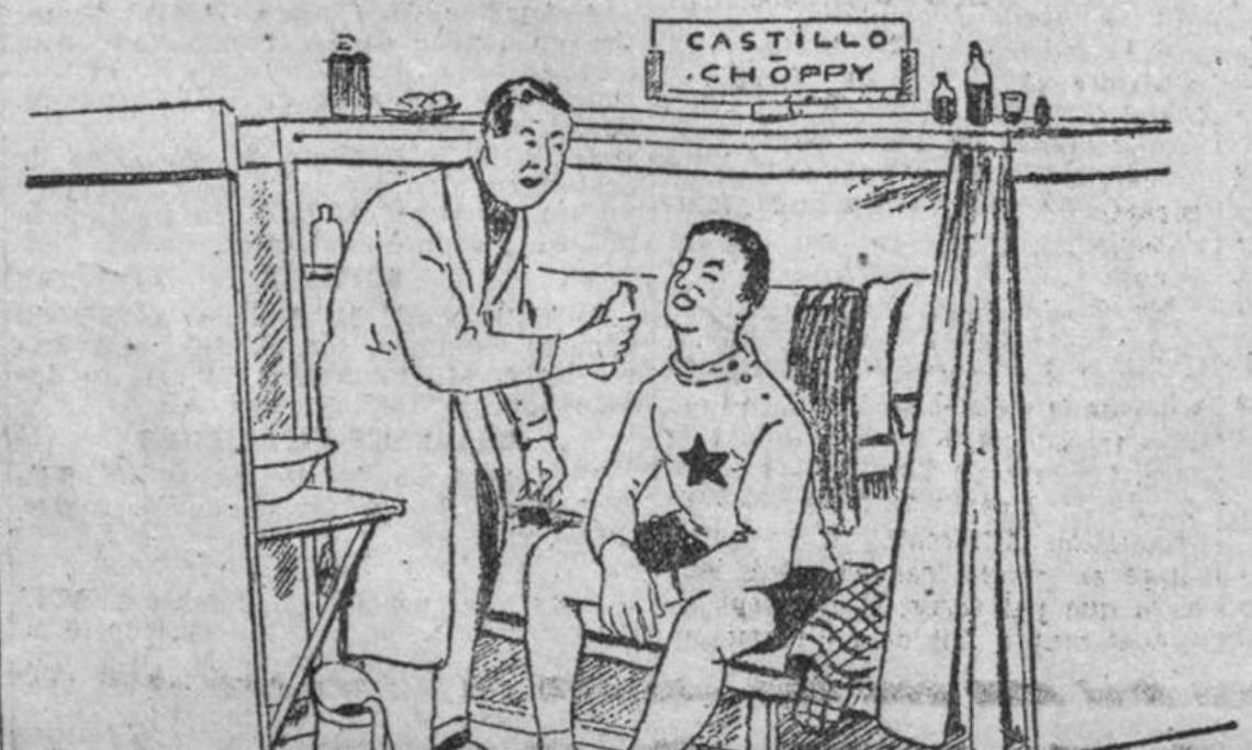 Caricature d'un coureur du Tour de France aux prises avec son entraîneur lui administrant des produits dopants, Match, 1932 - source : RetroNews-BnF