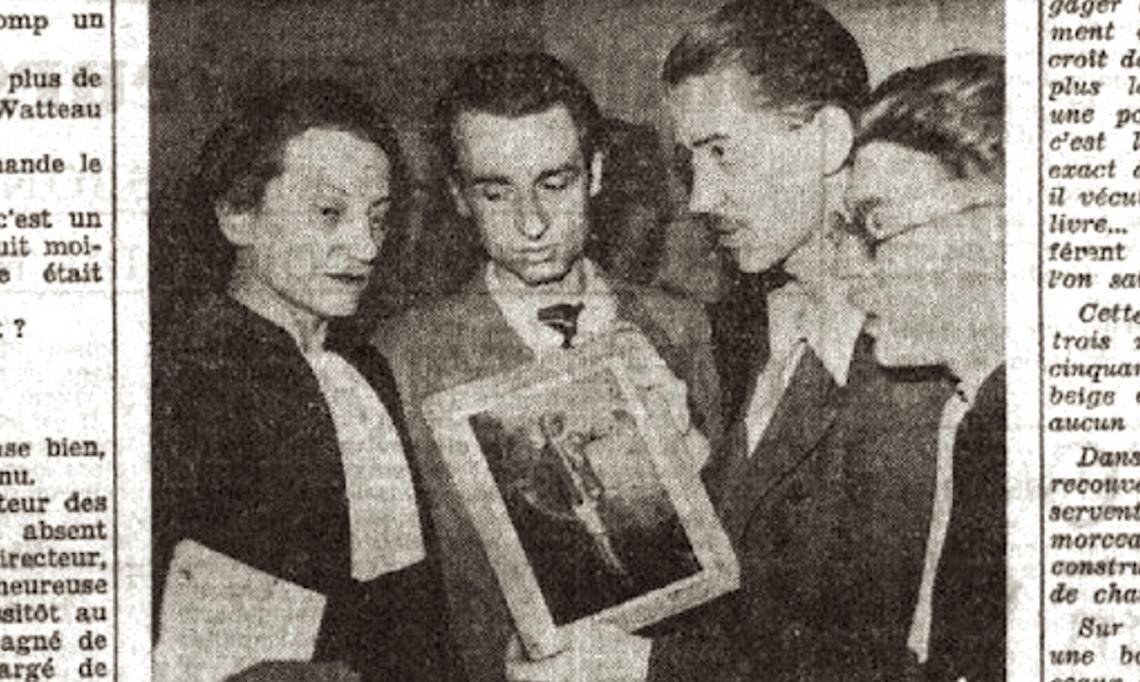 Le voleur et « restaurateur » de L'Indifférent Serge Bogousslavsky au tribunal, le tableau dans les mains, Le Petit Parisien, 1939 - source : RetroNews-BnF