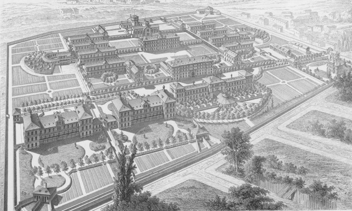 Vue aérienne de l'asile Saint-Anne, 1877 - source : WikiCommons