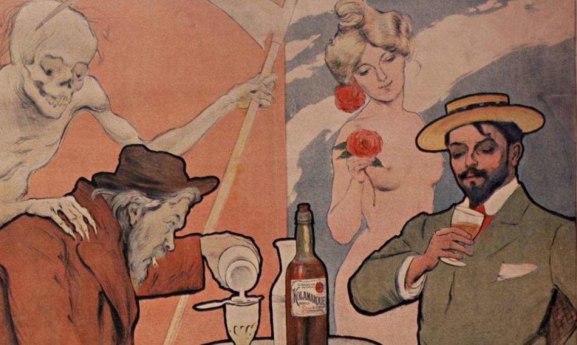"La mort l'attend / L'amour l'attend", publicité de prévention antialcoolique, 1901 - source : Gallica-BnF