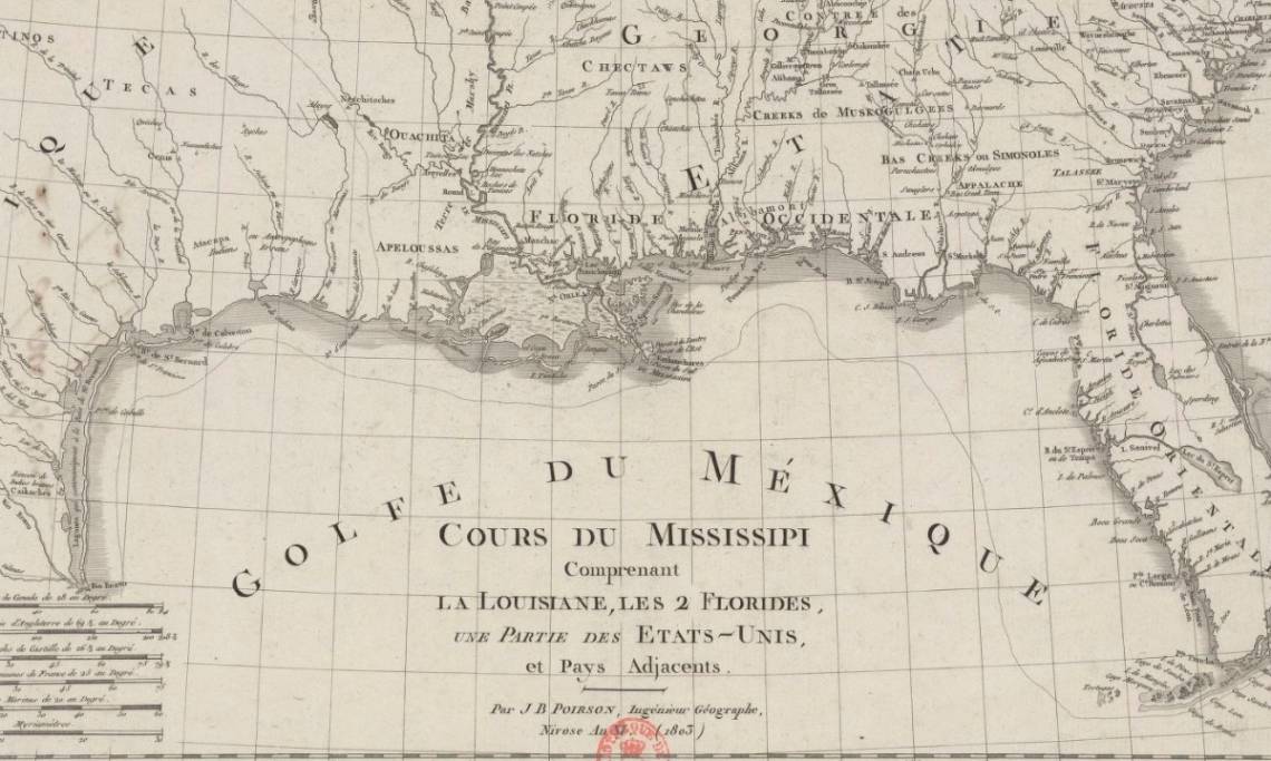 La Louisiane, les deux Florides et une partie des Etats-Unis (détail), carte de Jean-Baptiste Poirson, 1803 - source : Gallica-BnF