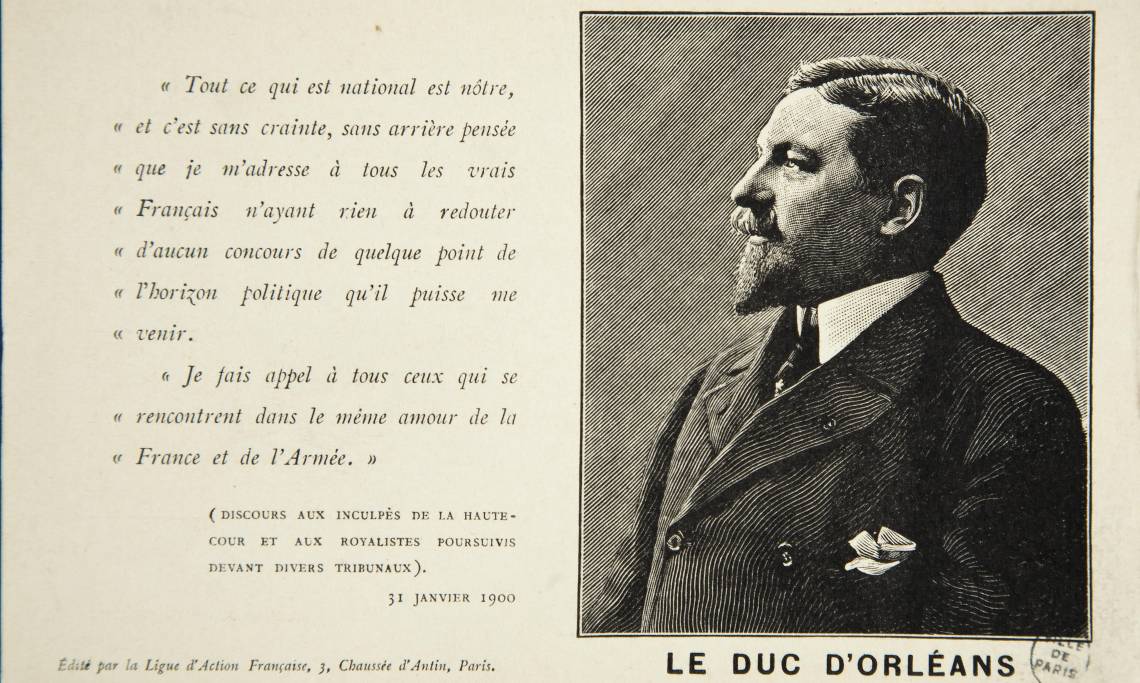 Extrait de discours du duc d'Orléans imprimé sur une carte postale de l'Action française, 1900 - source : Bibliothèque de Paris-Gallica