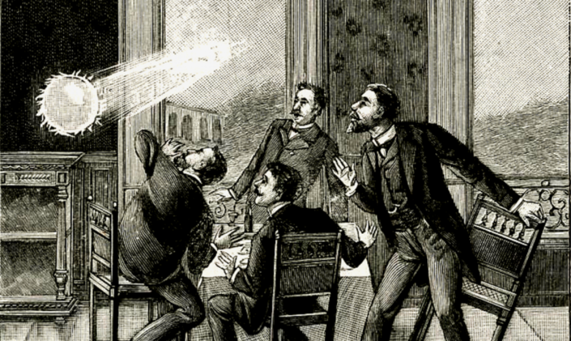 Gravure du XIXe siècle montrant le phénomène de la foudre en boule - source : Domaine public 