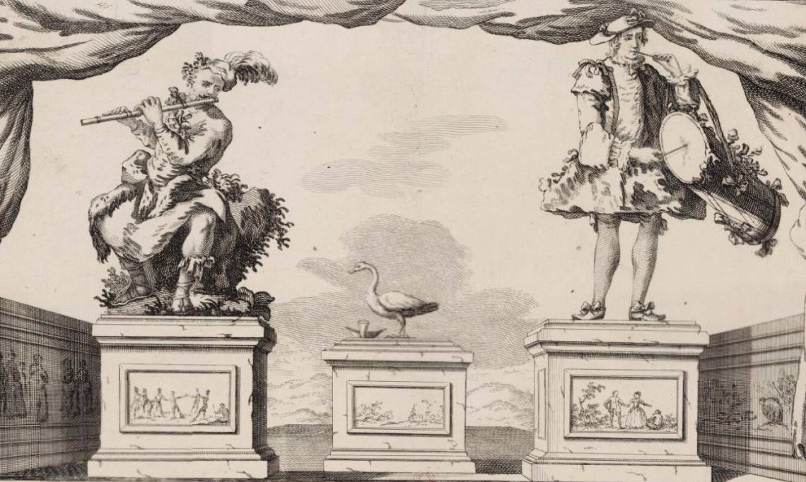 « Jouets mécaniques de Vaucanson : un sauvage, un berger provençal et un canard », estampe, circa 1746 - source : Gallica-BnF 