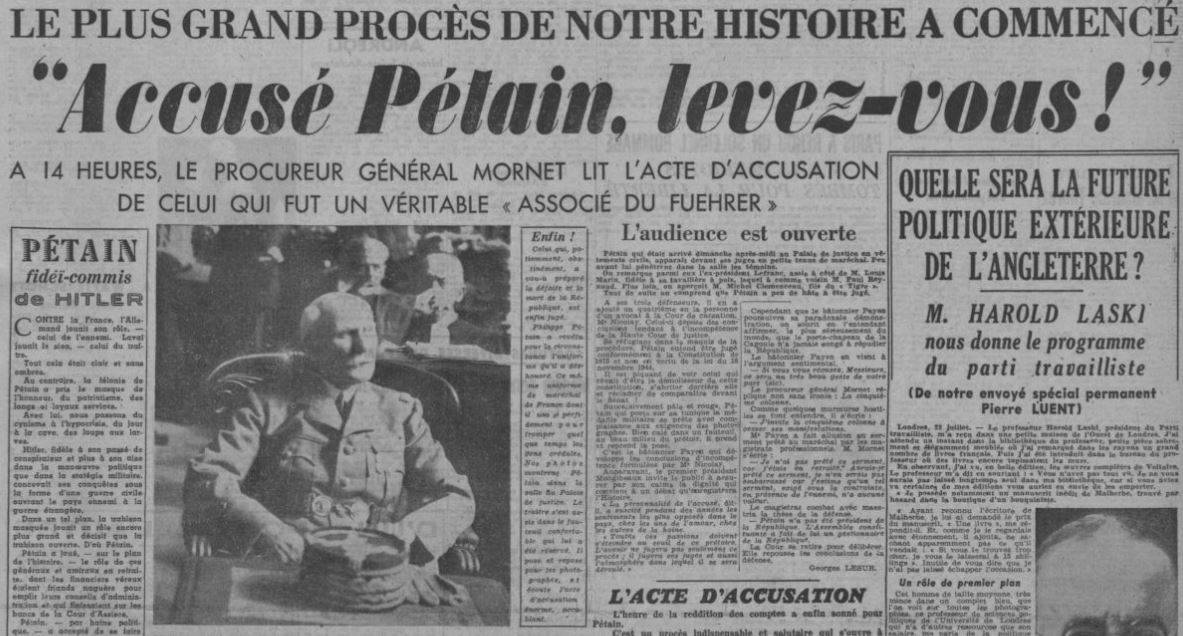 Une du quotidien Ce Soir consacrée au procès du maréchal Pétain, 1945 - source : RetroNews-BnF