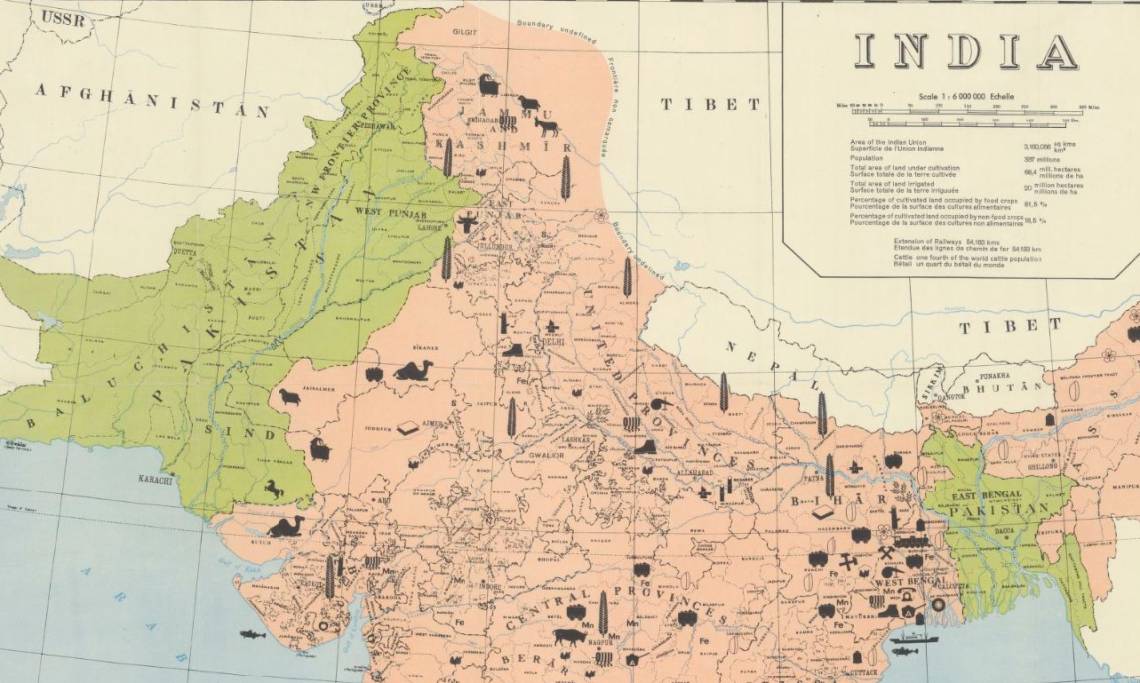 Carte des Indes au lendemain de l'indépendance (Union indienne en rouge et Pakistan en vert), Kümmerly & Frey, 1948 - source : Gallica-BnF