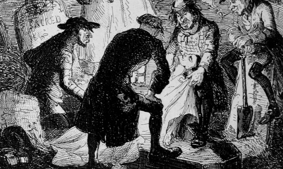 Des résurrectionnistes au travail, illustration de Hablot Knight Browne, XIXe siècle - source : WikiCommons