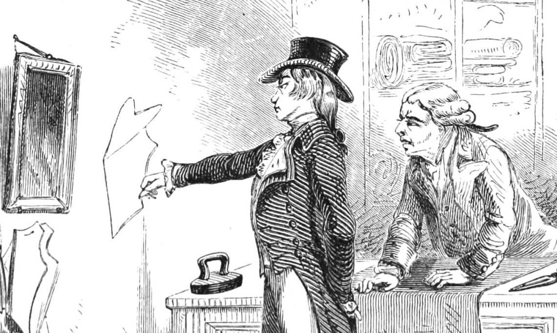 Le dandy anglais George "Beau" Brummell donnant des recommandations à son tailleur, illustration parue dans le Harper's New Monthly, 1855 - source : WikiCommons