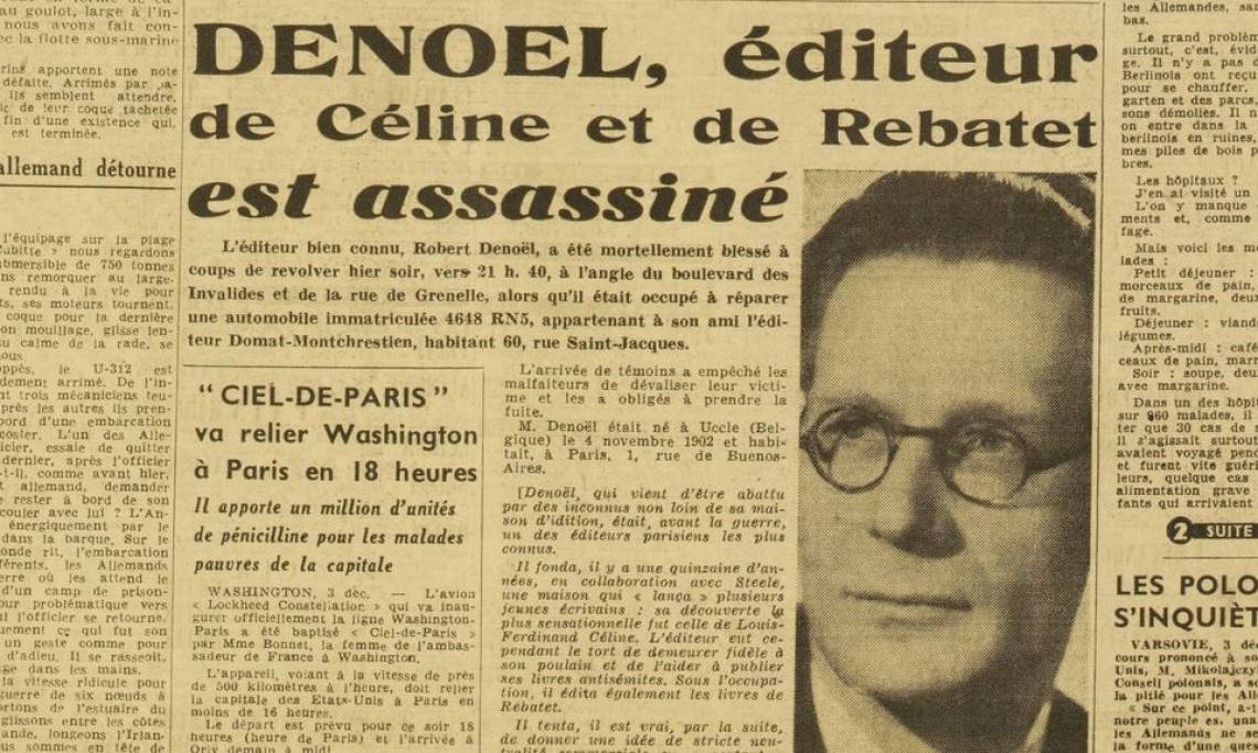 L'annonce du meurtre de l'éditeur Robert Denoël, France-Soir, 1945 - source : RetroNews-BnF