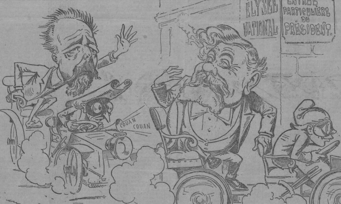 « L’élu du Congrès », où l’on voit Paul Doumer (à gauche) battu pour la présidence par Armand Fallières (à droite), dessin de Moloch, Le Radical, 1906 – source : RetroNews-BnF