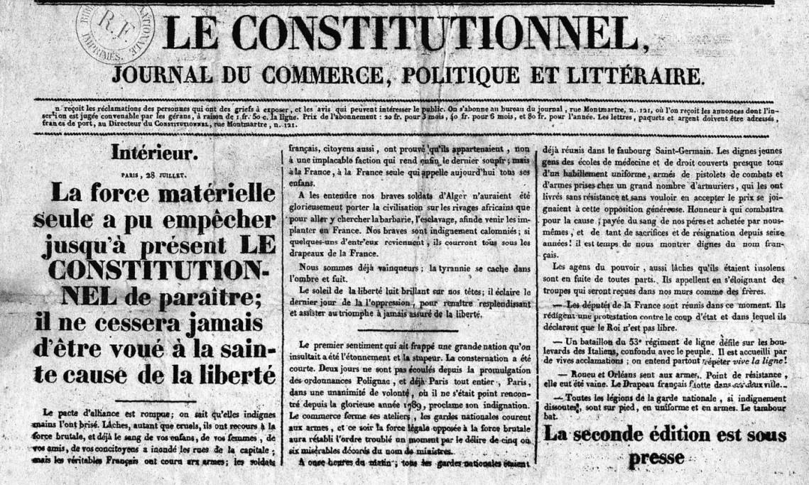 Une du Constitutionnel le 28 juillet 1830 - source : RetroNews-BnF