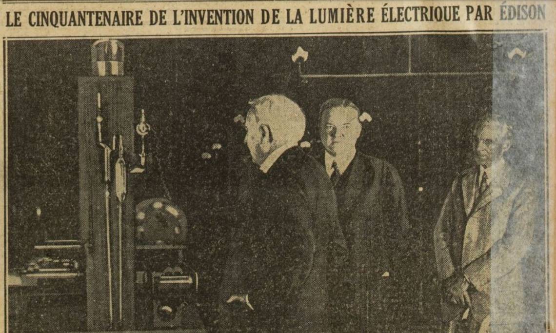 Thomas Edison répétant, devant le président américain Hoover, "l'expérience de l'électricité", Excelsior, 1929 - source : RetroNews-BnF