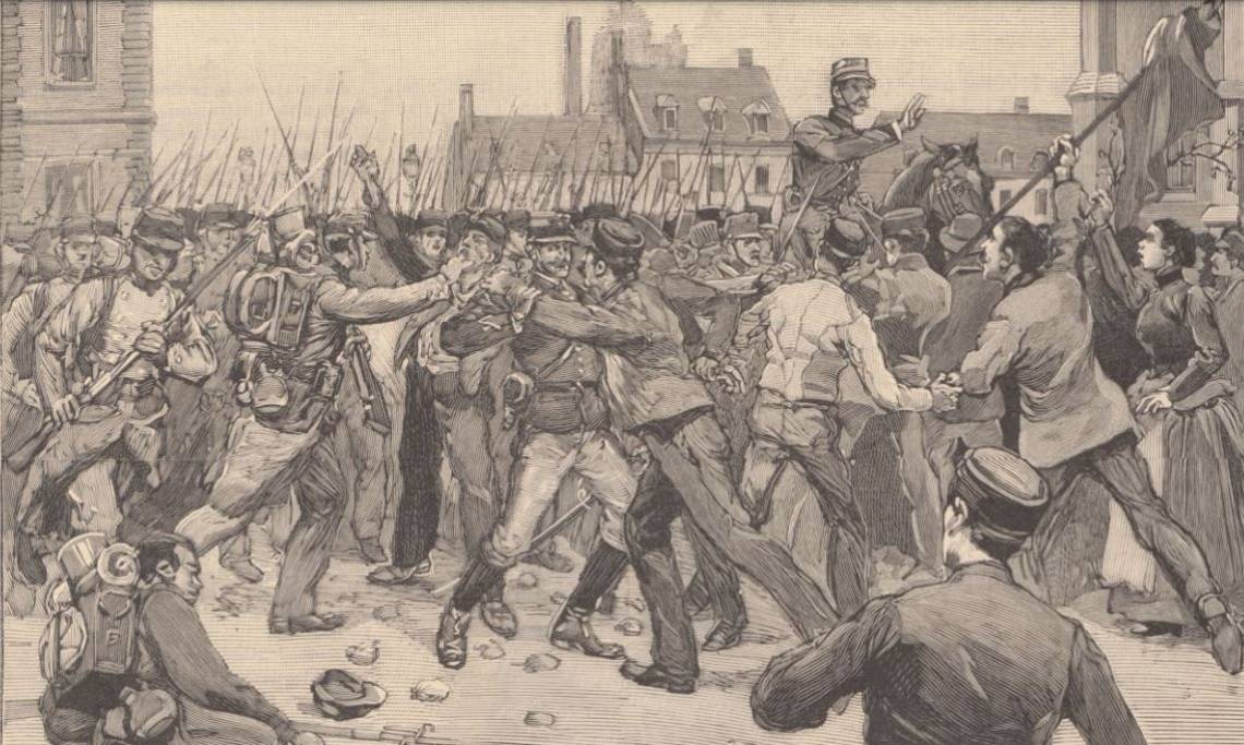 "La collision entre les grévistes et la troupe", dessin de L. Tinayre, Le Monde Illustré, 1891 - source : RetroNews-BnF