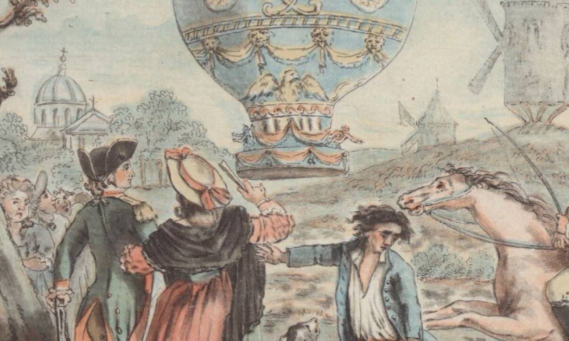 Premier voyage aérien fait par M. Pilâtre De Rosier, estampe de De Frene, 1783 - source : Gallica-BnF