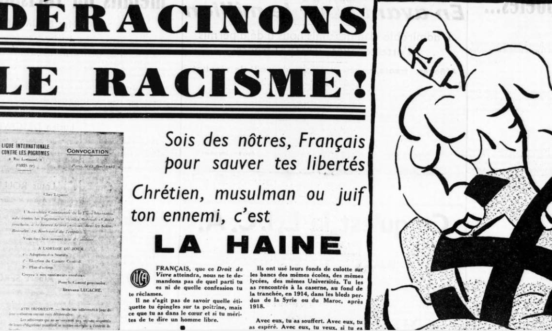 « Chrétien, musulman ou juif, ton ennemi c’est la haine ! », Le Droit de Vivre, 1938 – source : RetroNews-BnF